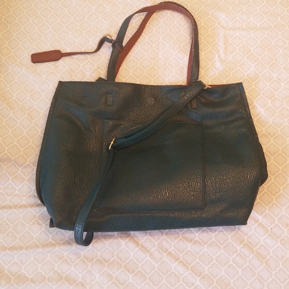Hunter green and brown reversible oversized bag